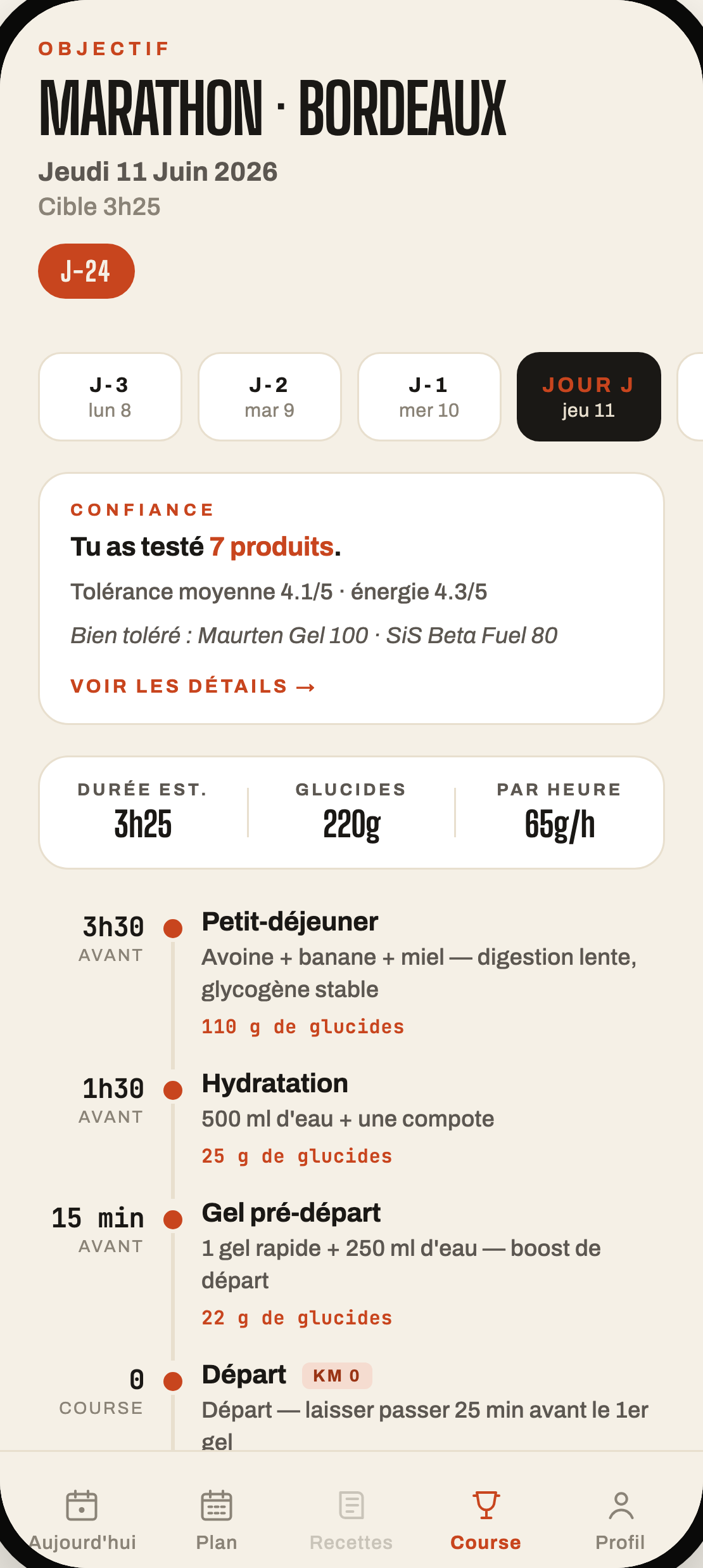Plan jour J — capture d'écran de l'app Sève