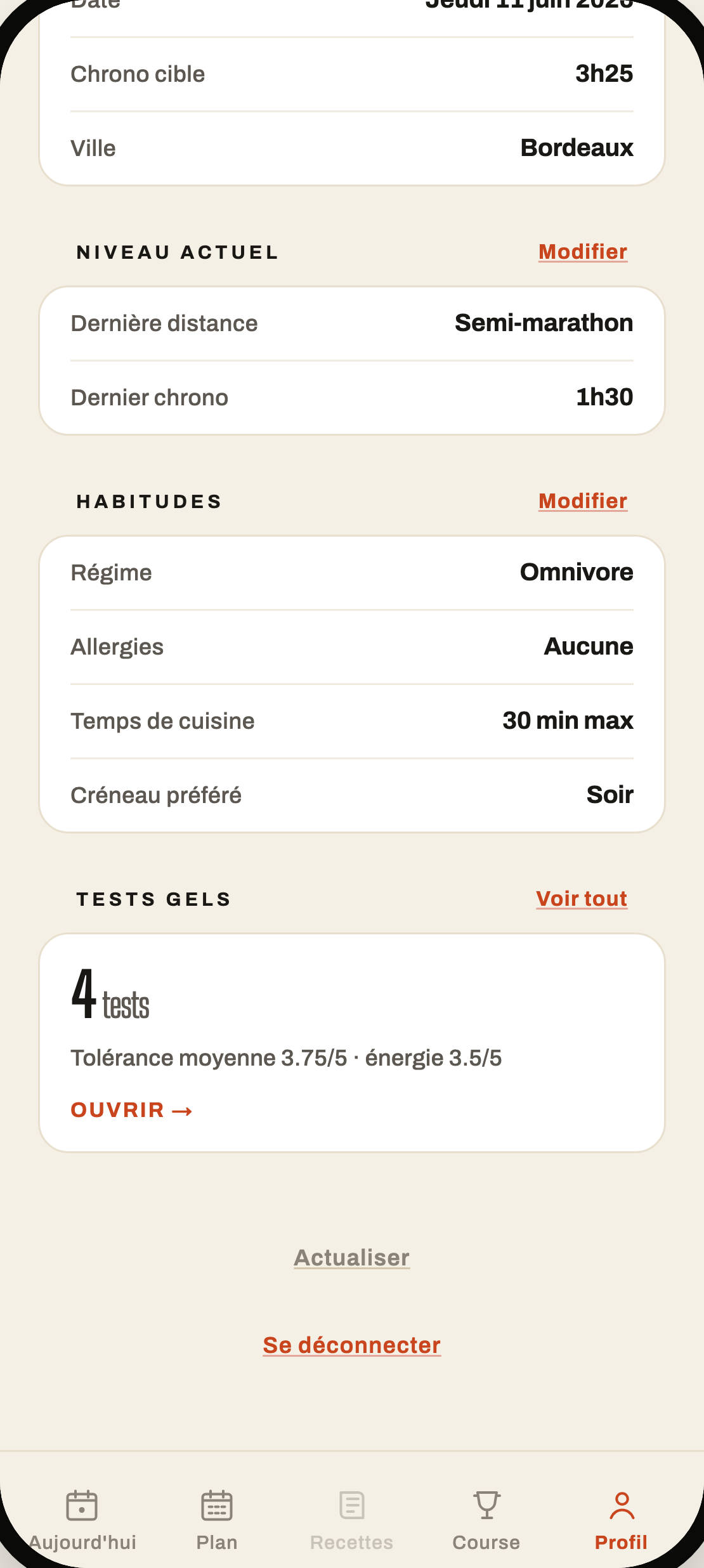 Tests de gels — capture d'écran de l'app Sève